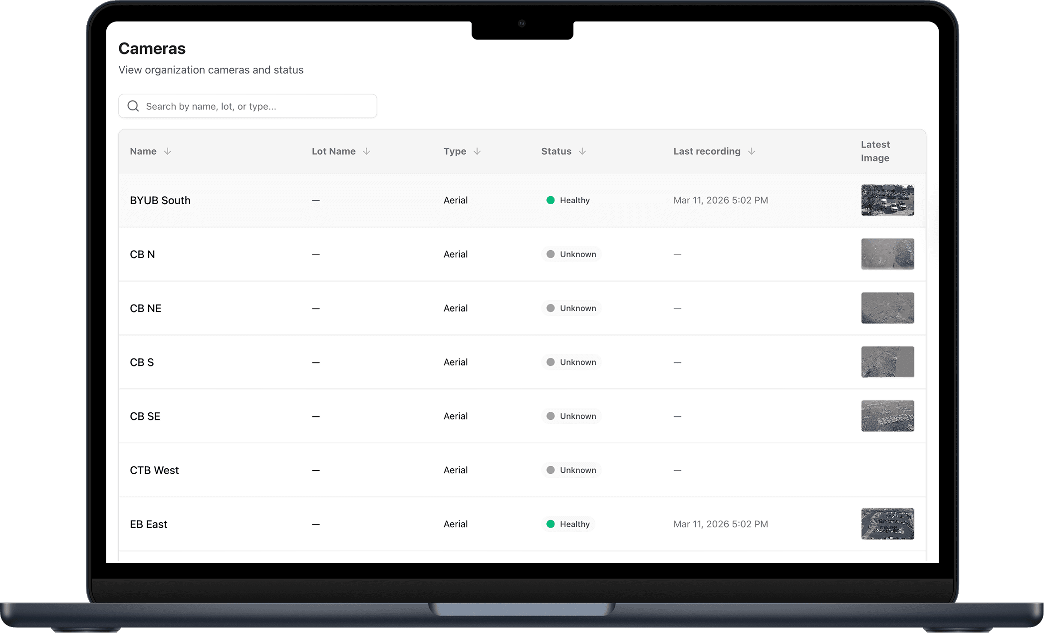 Cameras page on computer screen
