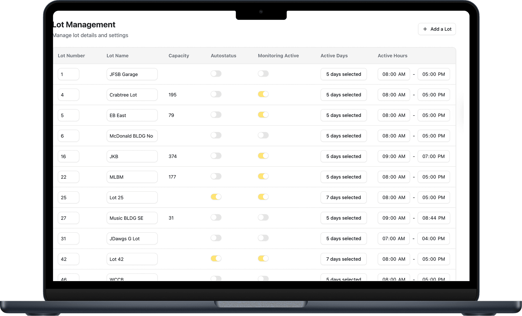 Parking lots page on computer screen